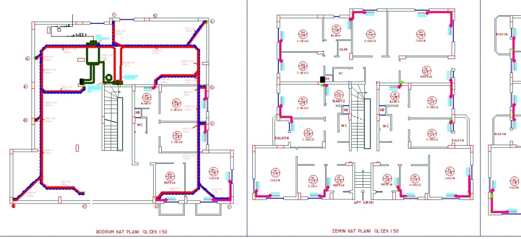 Apartman kalorifer tesisatı projesi planları yakından görünüş