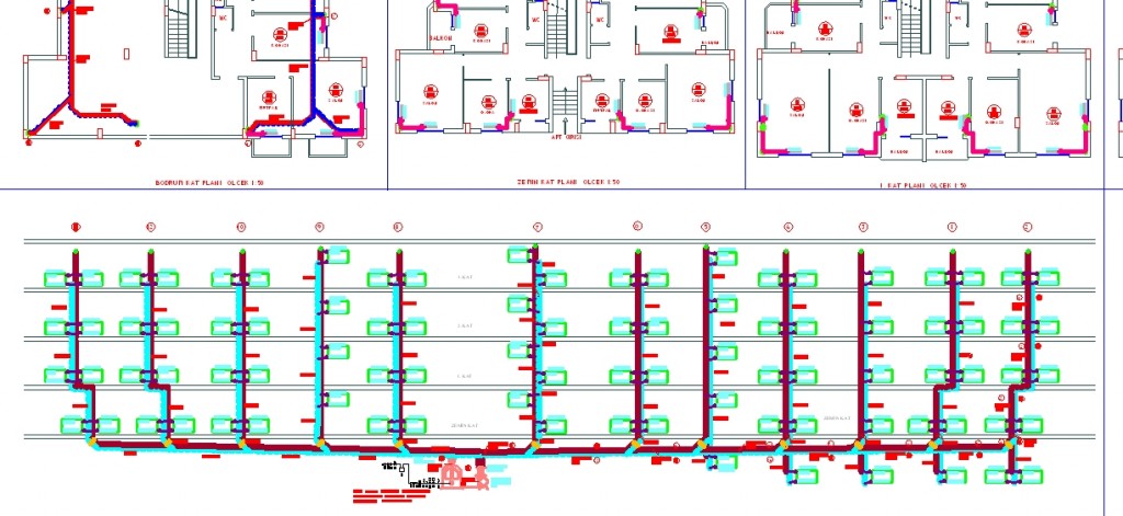 Apartman kalorifer tesisatı projesi kesiti yakından görünüş