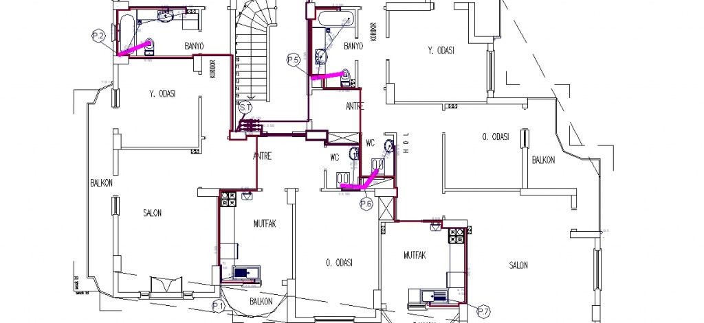 Apartman sıhhi tesisat projesi kat planı yakından görünüş