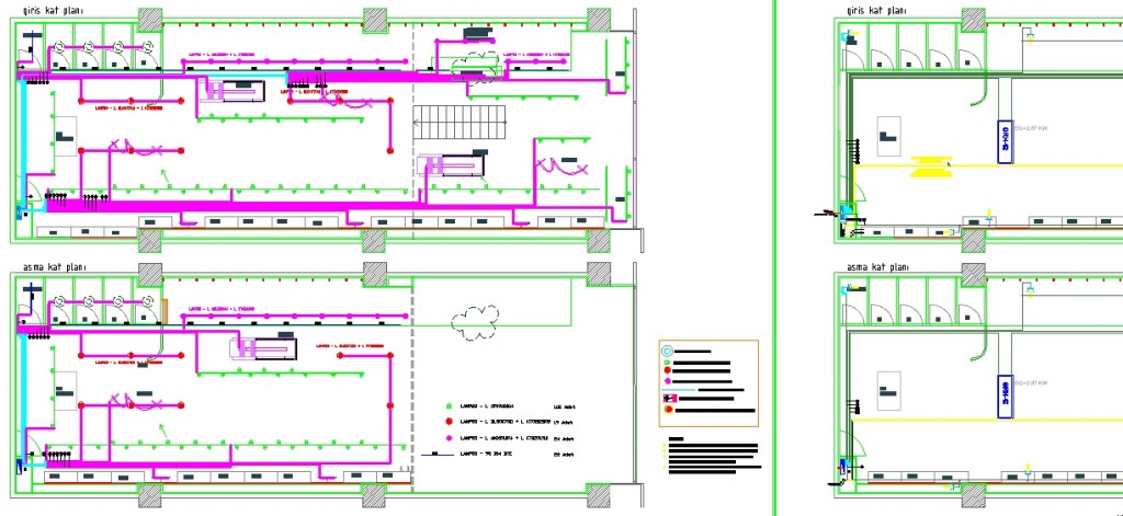 Asma katlı elbise mağazası elektrik projesi planları yakından görünüş