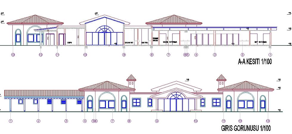 Kesit ve cephe görünüş çizimi yakından görünüş