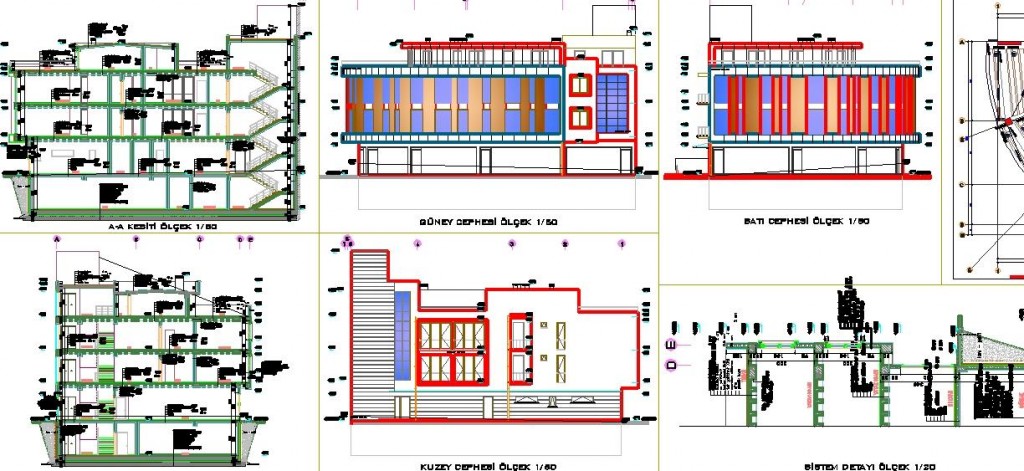 Cephe ve kesitler yakından görünüş