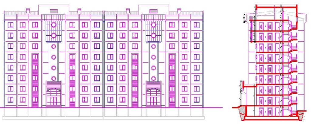 İkiz bloklu toplu konut projesi kesit ve cephe çizimi yakından görünüş